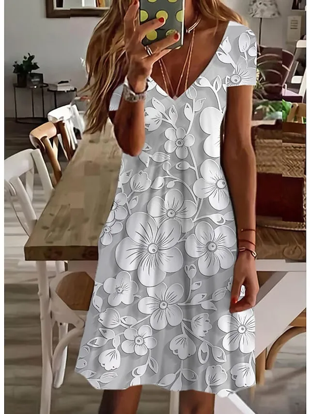 Women's Casual Dress T Shirt Dress Tee Dress Midi Dress White Short Sleeve Floral Print Fall Spring Summer V Neck Basic Daily Vacation 2023 S M L XL XXL 3XL
