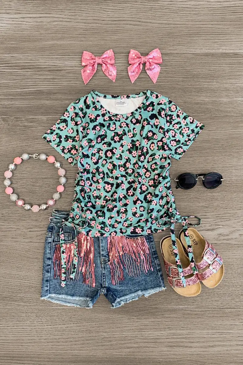 Jade Green & Pink Floral Denim Short Set