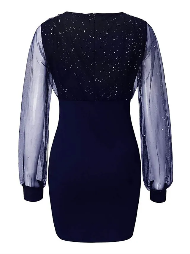 Women‘s Little Black Dress Sexy Dress Party Dress Homecoming Dress Sheath Dress Mini Dress Wine Purple Long Sleeve Mesh Dress Spring Fall Winter V Neck Fashion Party Wedding Guest