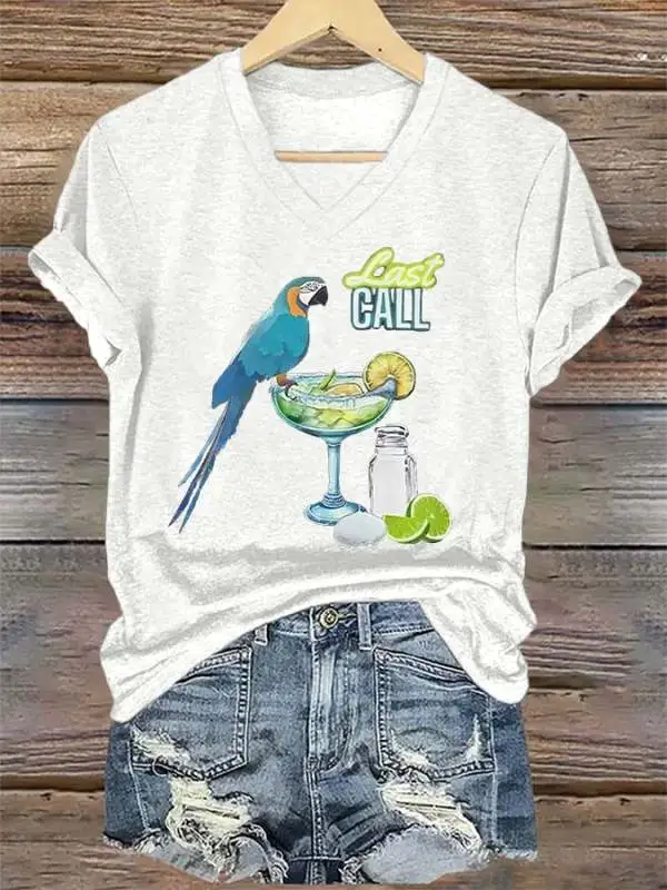 Women's Retro Parrot Margarita Print T-Shirt