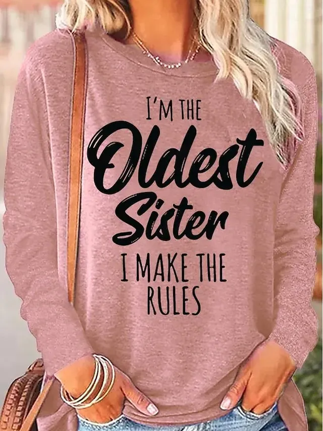 Women's T Shirt Fashion Letter Family Regular Tops Long Sleeve Round Neck Print Regular Fit Daily Weekend Black Pink Blue Green Spring &  Fall Spring, Fall, Winter, Summer