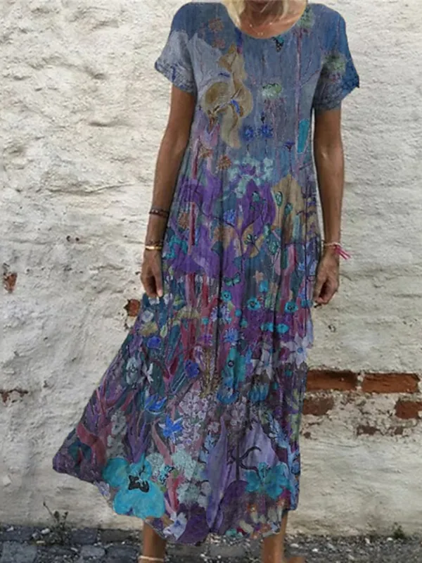 Women's Casual Dress Shift Dress Long Dress Maxi Dress Wine Blue Green Short Sleeve Floral Print Summer Spring Crew Neck Vintage Vacation Summer Dress Spring Dress 2023 S M L XL XXL 3XL