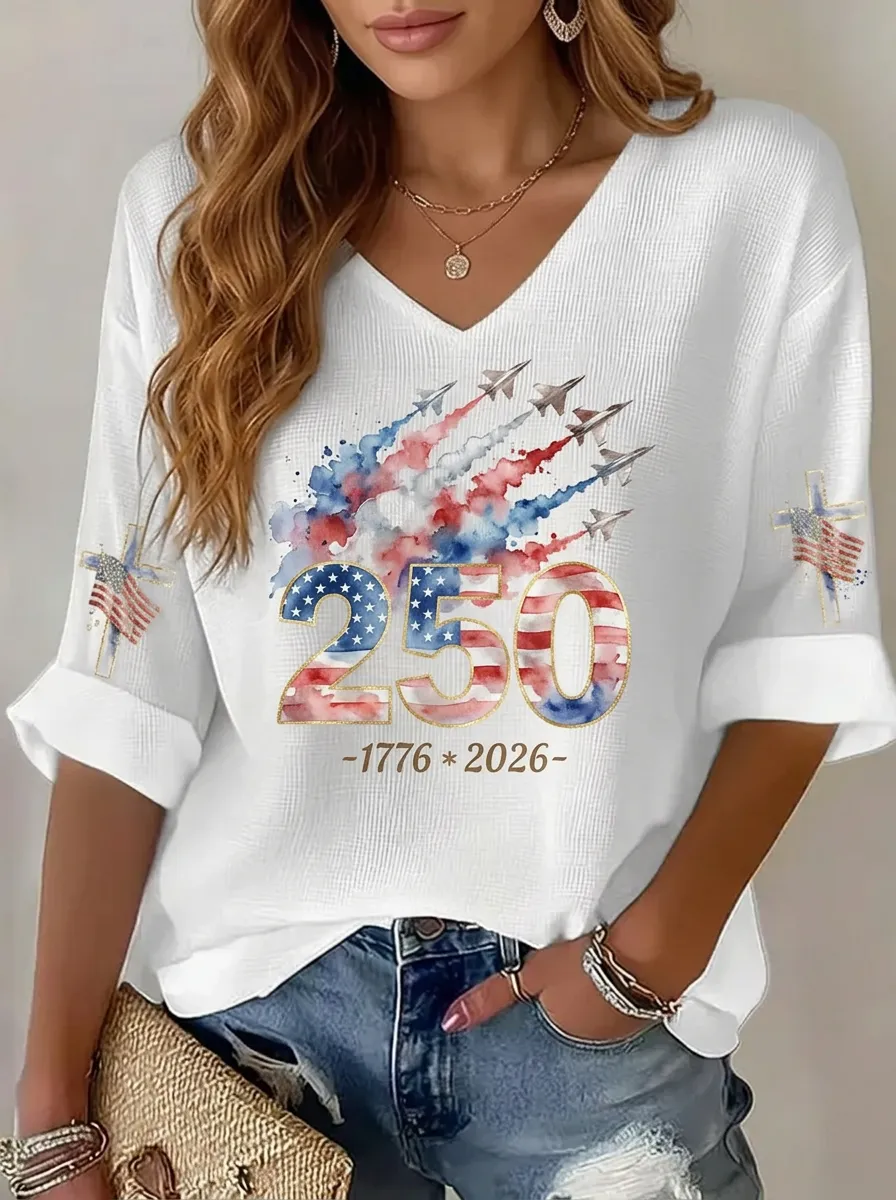 Women's USA 250th Anniversary Jet Fighter Flag Printed V-neck Top