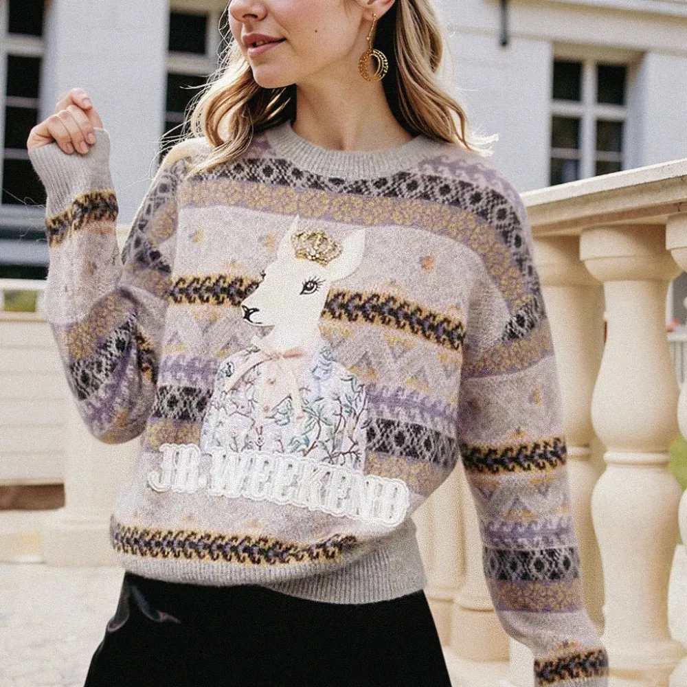 Loose Geometric Deer Bow Knit Sweater