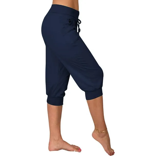 Women's Yoga Pants Drawstring with Pockets Cropped Tummy Control High Waist Yoga Fitness Gym Workout Capri Pants Bottoms Dark Grey Navy Apricot Spandex Sports Activewear High Elasticity Loose Fit
