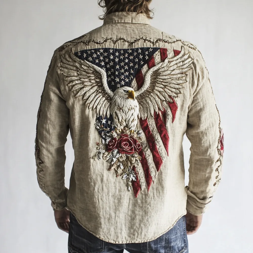 Western Style Flag & Bald Eagle Embroidered Art Men's Long Sleeve Shirt