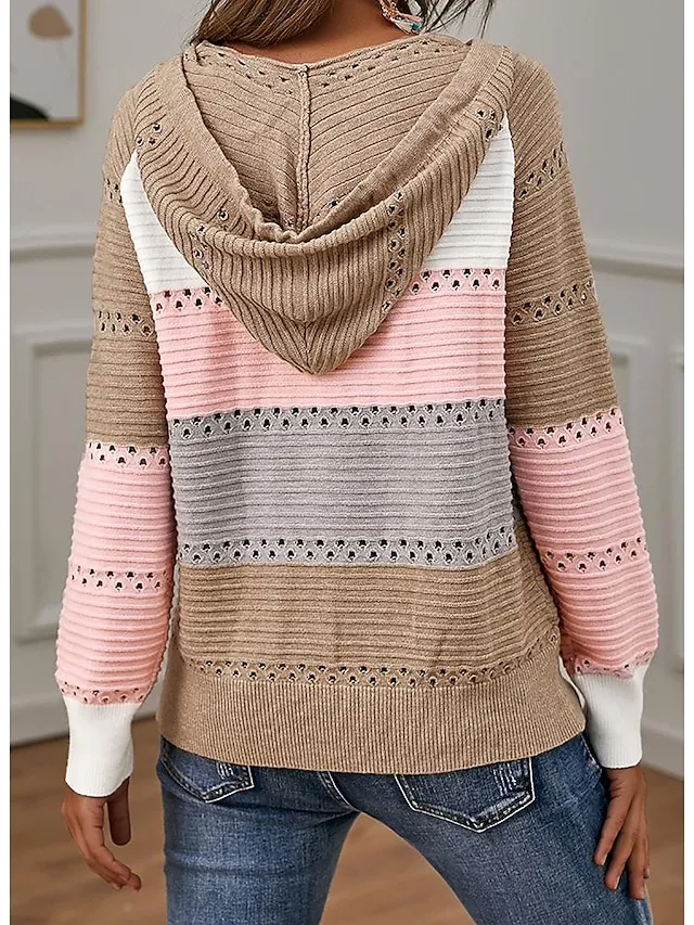 Suéter feminino com capuz e malha canelada com zíper e patchwork Primavera e outono Exterior Diariamente Exterior Moda Casual Macia Manga Longa