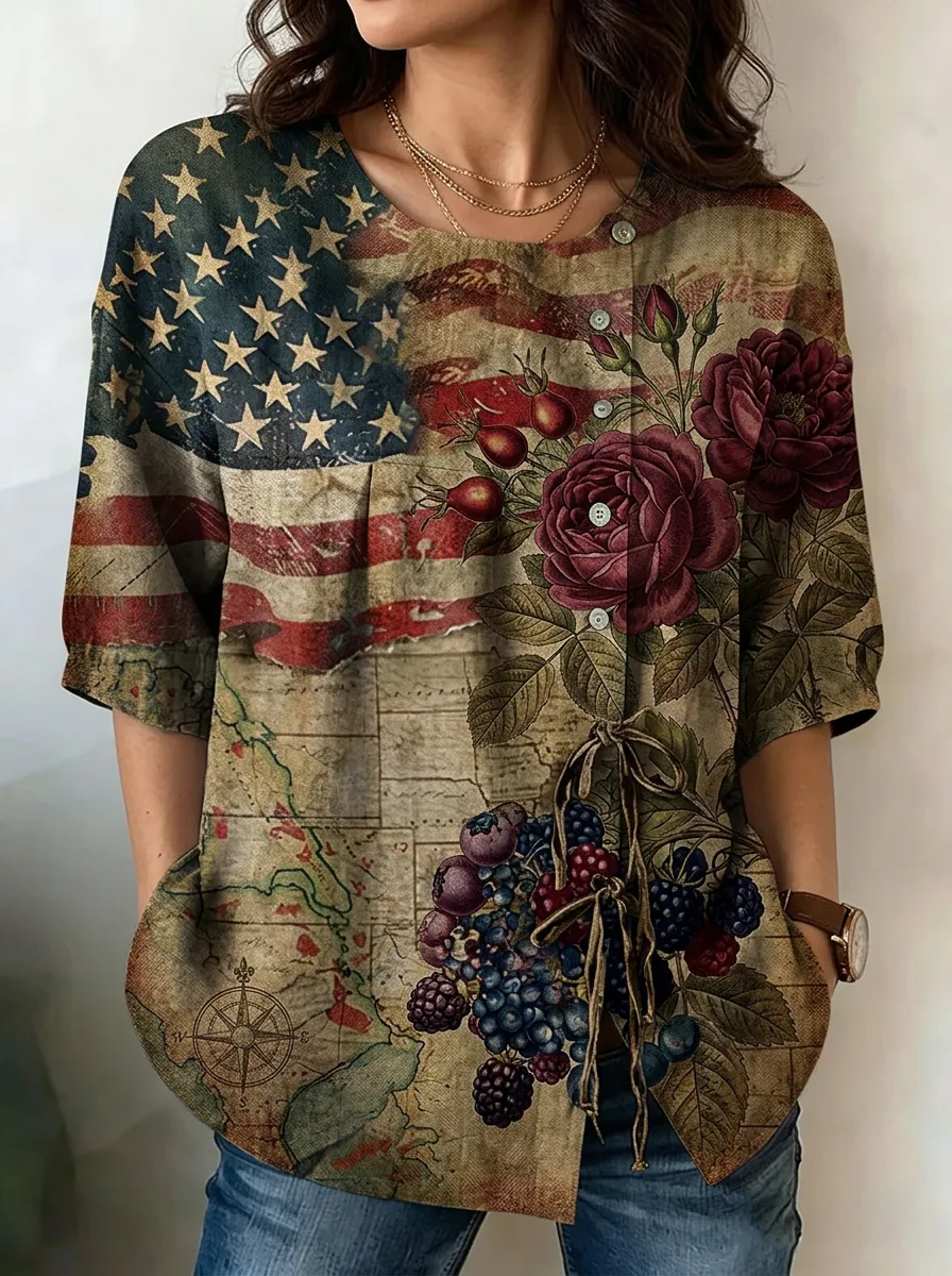 Women's Nashville USA Flag Rose Berry Map Printed Top