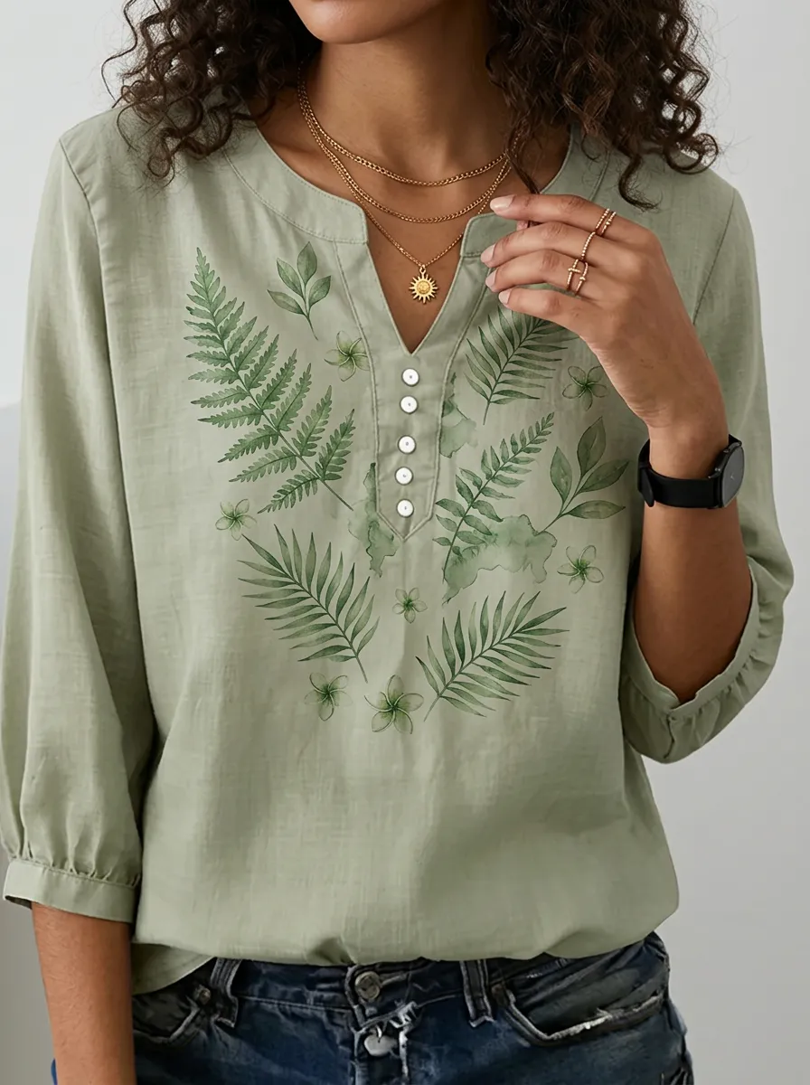 Women's Nashville Botanical Fern Leaf Printed V-Neck Top