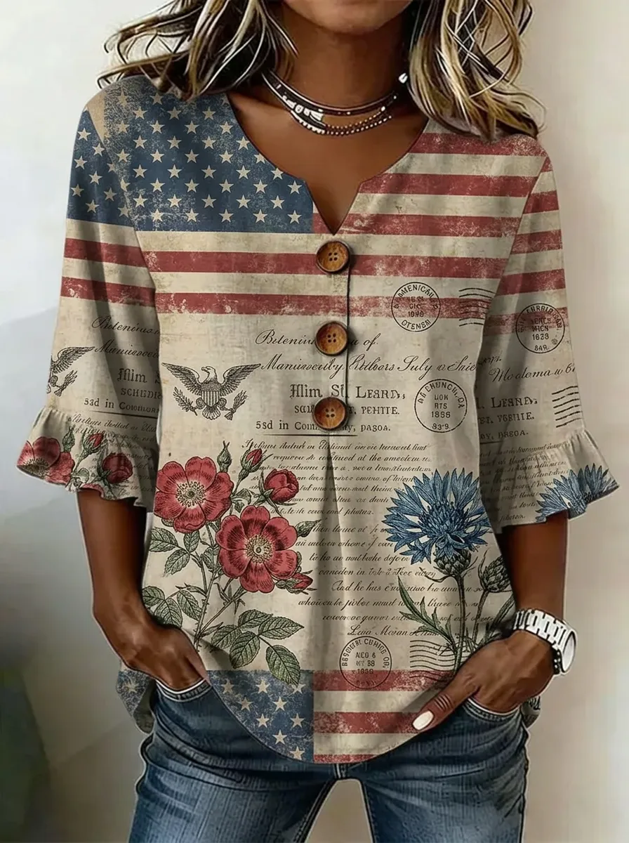 Women's Nashville USA Flag Floral Script Printed V-neck Top