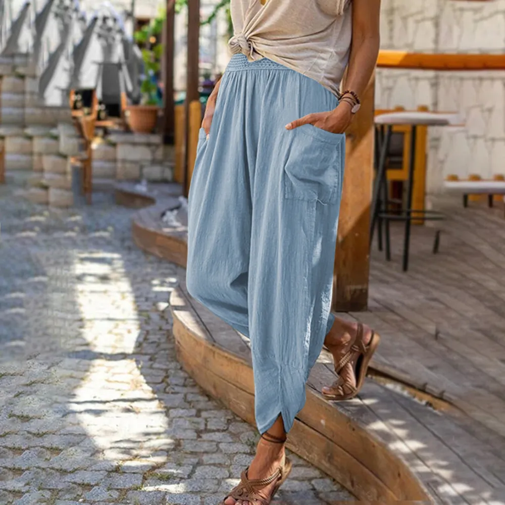 Casual Trousers Loose Pocket Cotton Linen Pencil Pants