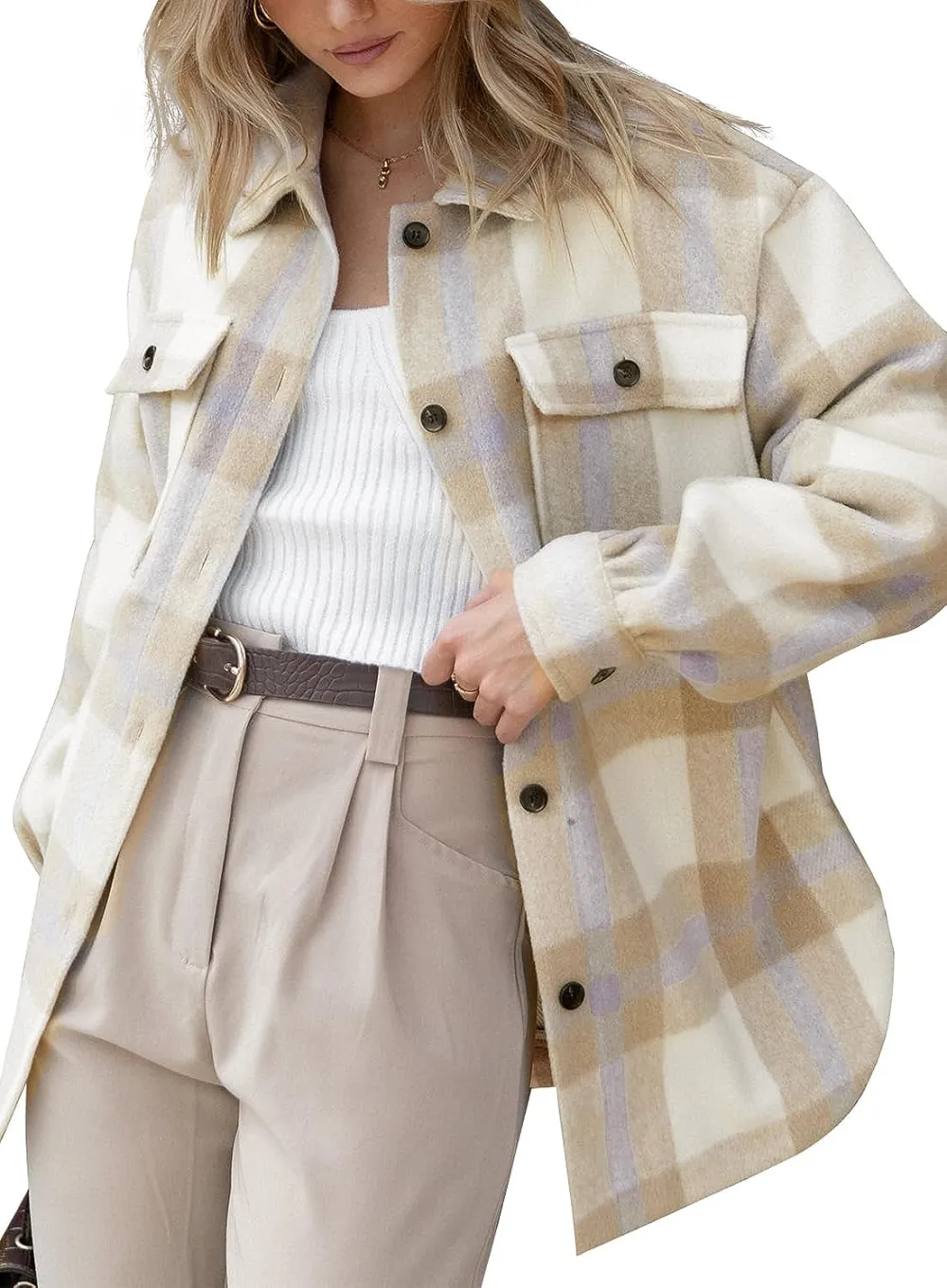 Women's Flannel Plaid Shacket Long Sleeve Button Down Chest Pocketed Shirts Jacket Coats
