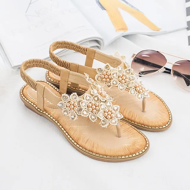 Women's Sandals Flat Sandals Party Beach Summer Rhinestone Flat Heel Round Toe Open Toe Elegant Casual PU Leather Elastic Band Solid Colored Almond Black White