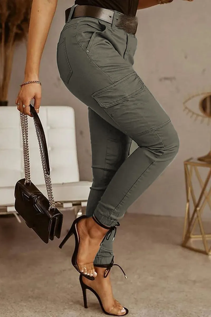 Flap Pocket Zip Detail Mid Waist Pants