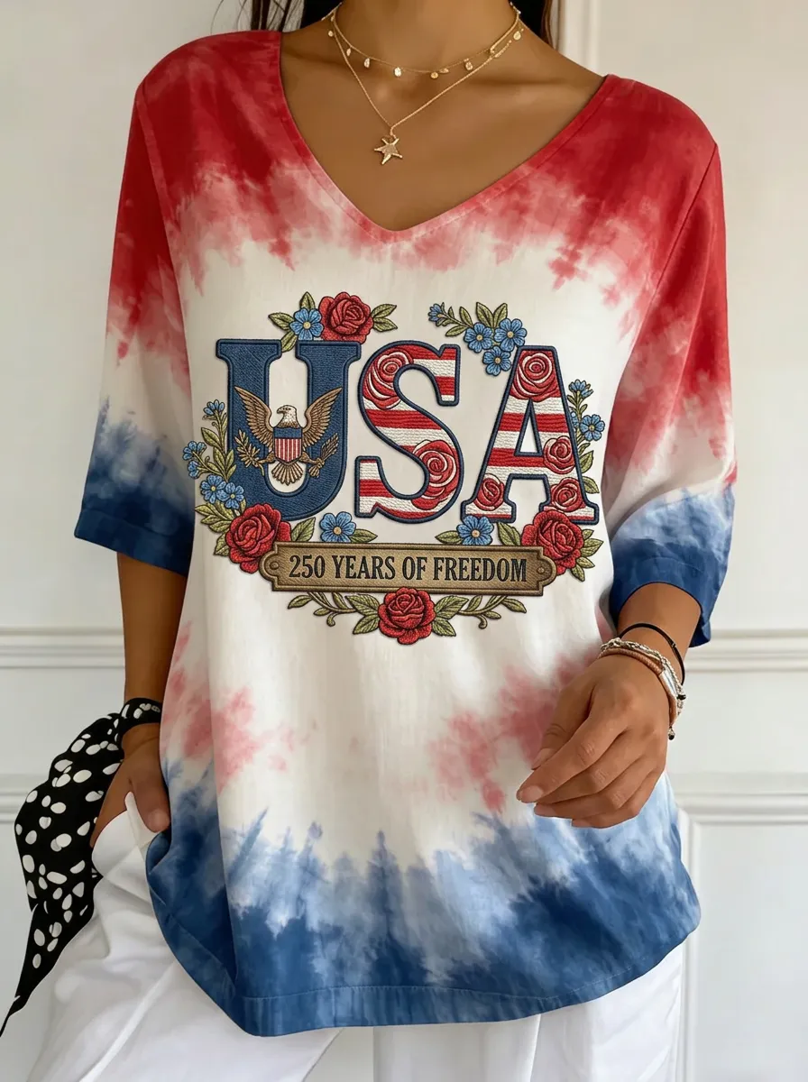 Women's USA Patriotic Eagle Floral 250 Years Printed T-shirt