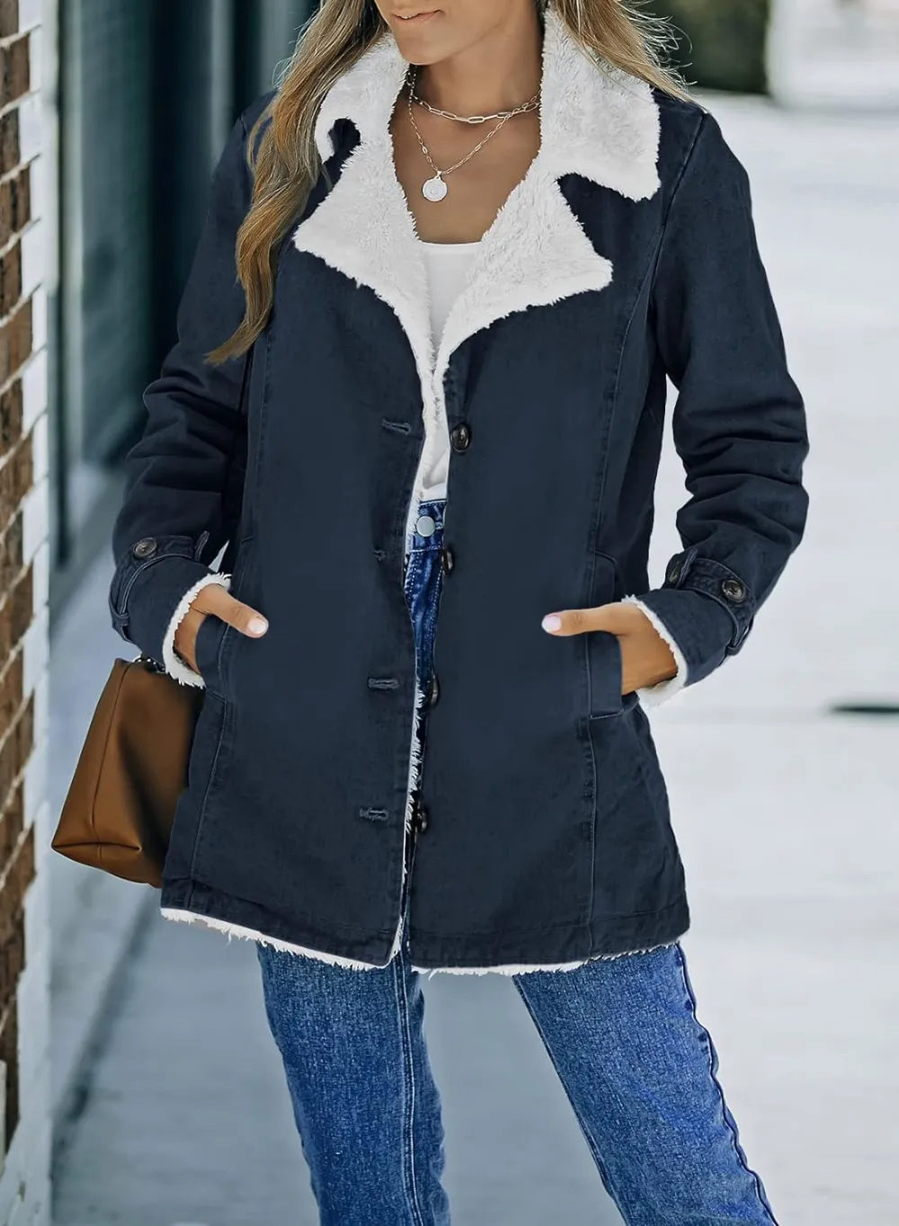 Womens Winter Warm Jean Jacket Stand Collar Wool Liner Sherpa Denim Coats Thicker Outerwear with Pockets