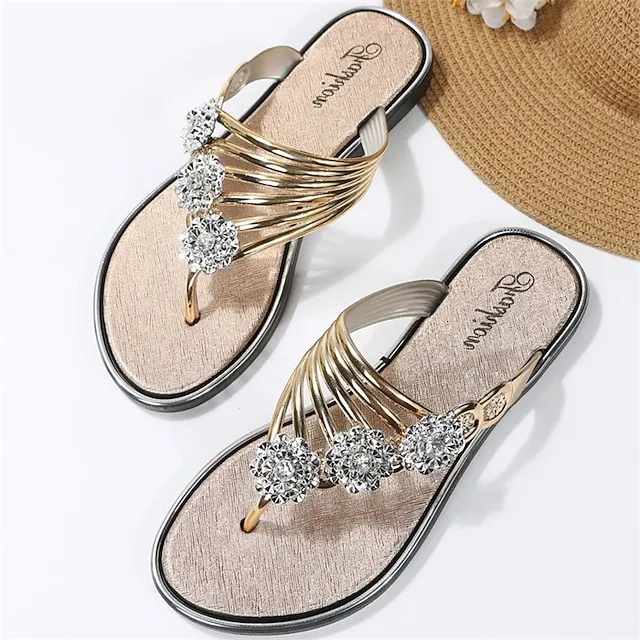 Women's Slippers Flip-Flops Outdoor Slippers Beach Slippers Outdoor Beach Summer Rhinestone Flat Heel Elegant Casual Faux Leather Loafer Solid Color Silver Black Gold