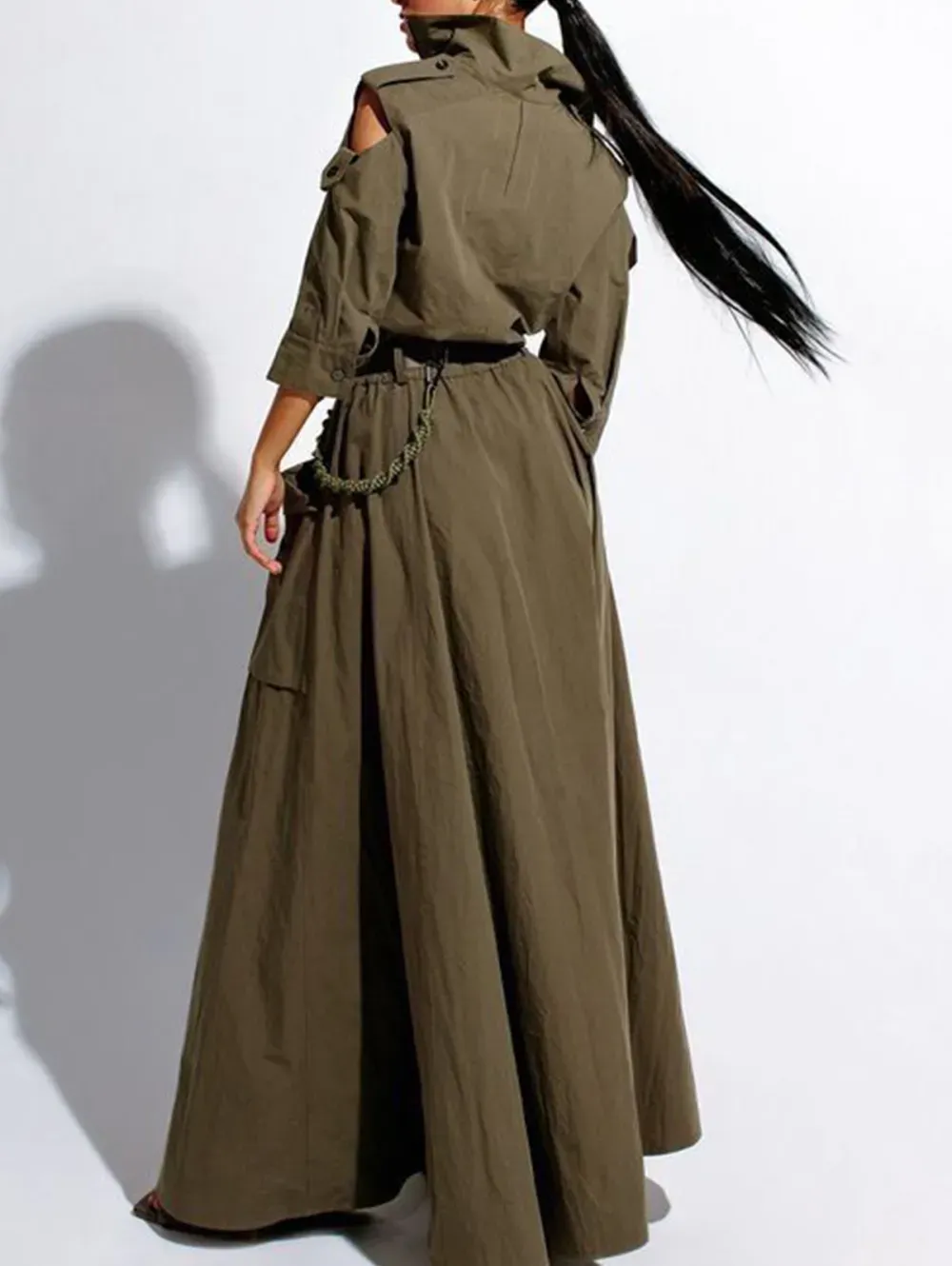 Casual Zipper Cold Shoulder High Cut Maxi Dress