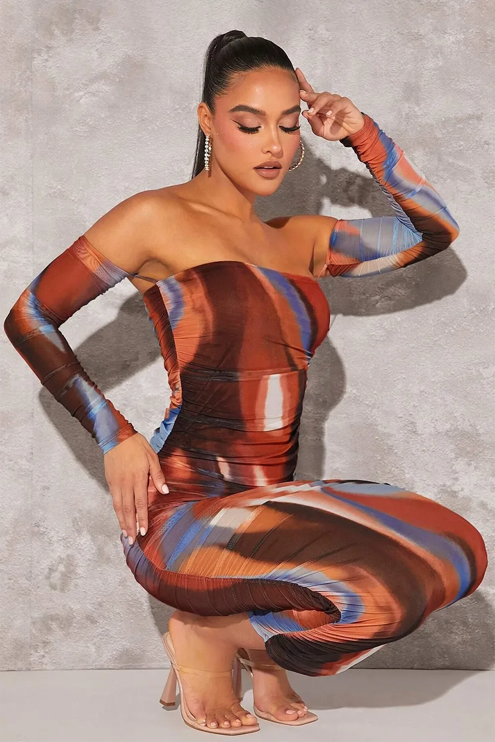 BAE Tie Dye Off Shoulder Ruched Side Bodycon Dress