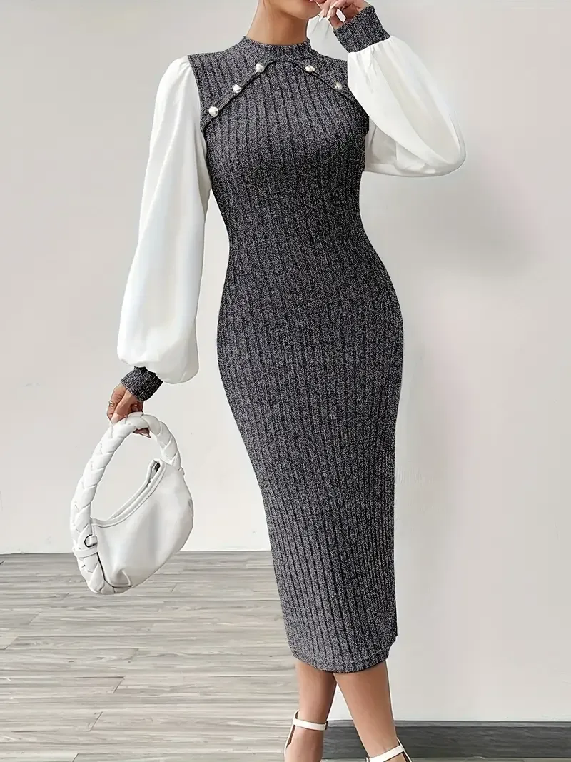 Elegant Women's Midi Dress with Ribbed Detail - Chic Mock Neck, Long Sleeve, Stretchy Pencil Skirt Style in Beige and White - Machine Washable for Spring & Autumn