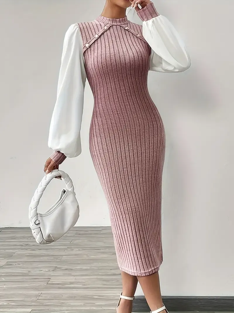 Elegant Women's Midi Dress with Ribbed Detail - Chic Mock Neck, Long Sleeve, Stretchy Pencil Skirt Style in Beige and White - Machine Washable for Spring & Autumn