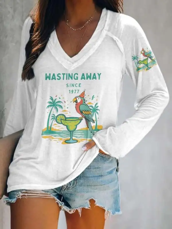 V-neck Retro Parrot Margarita Wasting Away Since 1977 Print T-Shirt