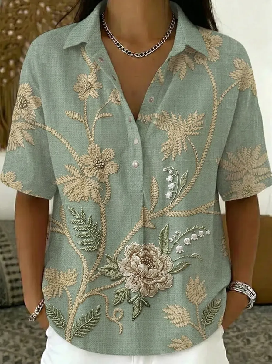 Women's Nashville Floral Botanical Printed V-Neck Shirt