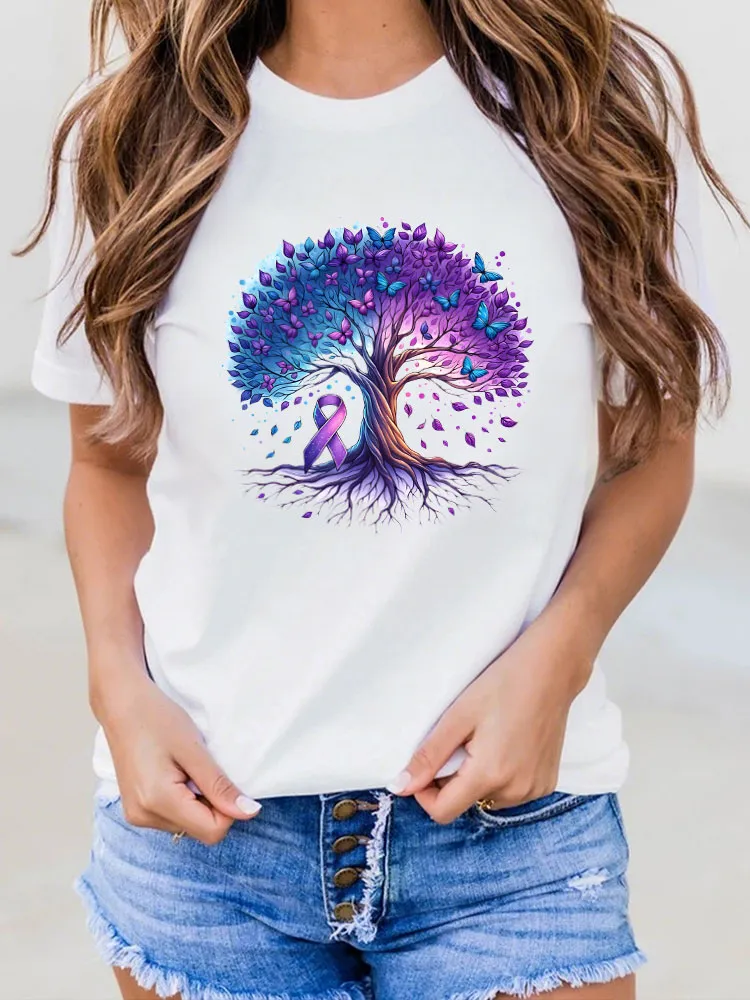Women'S Round-Neck T-Shirt Alzheimer'S Awareness Butterfly Tree Prints