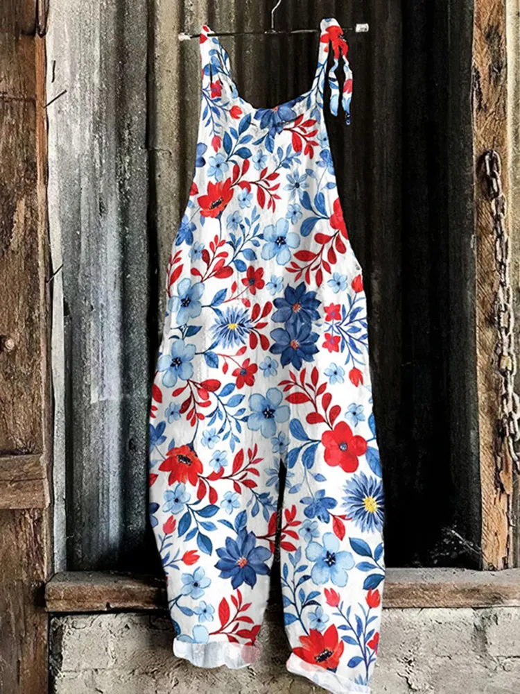 Women's Loose Independence Day American Beauty Floral Flag Color Linen Print Cotton Linen Jumpsuit