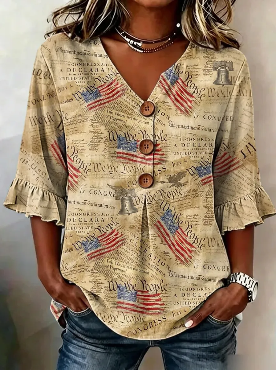 Women's Patriotic US Constitution Flag Printed V-Neck Ruffle Top