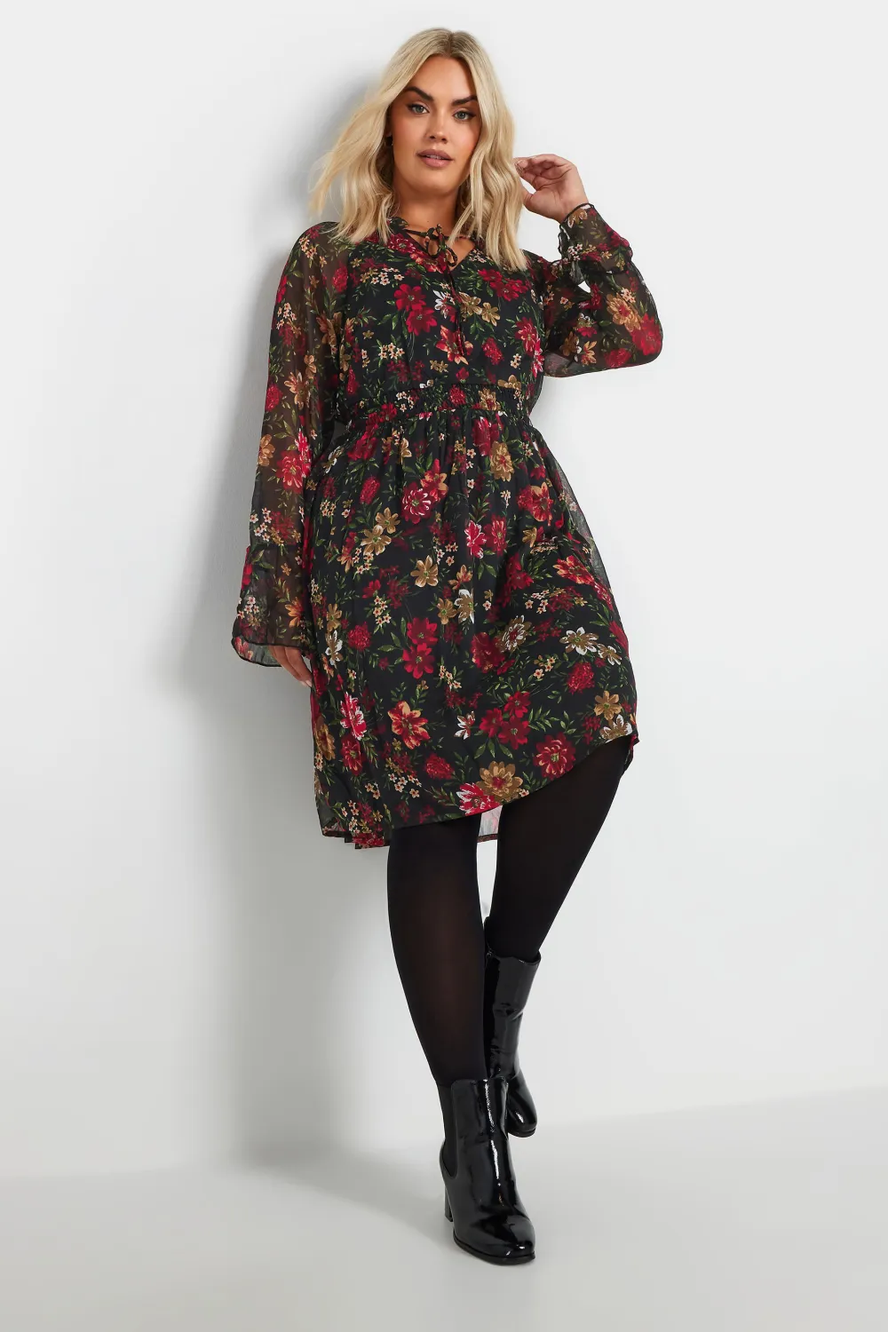 YOURS Curve Black & Red Floral Print Chiffon Tie Neck Dress
