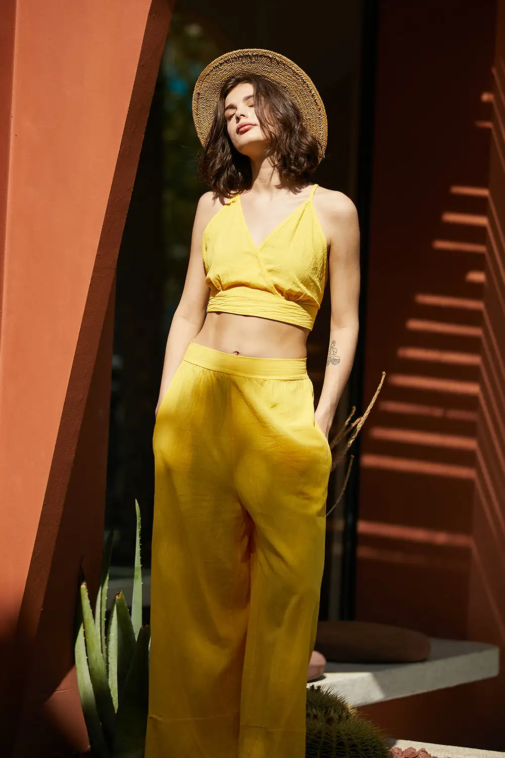 Spaghetti Strap Camisole Crop Top Casual Wide Leg Long Pants Linen Set