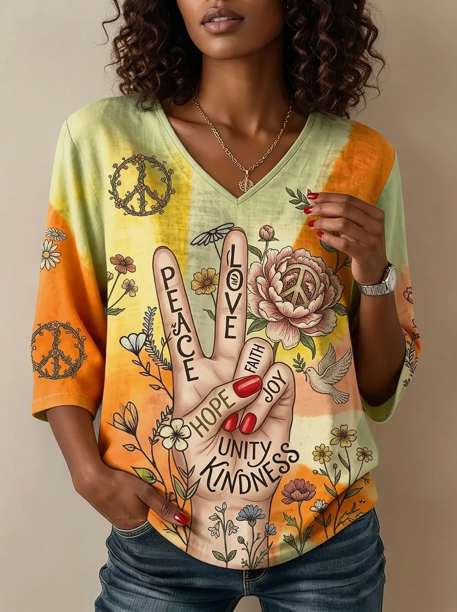 Women's Nashville Hippie Peace Sign Floral Printed V-Neck T-Shirt