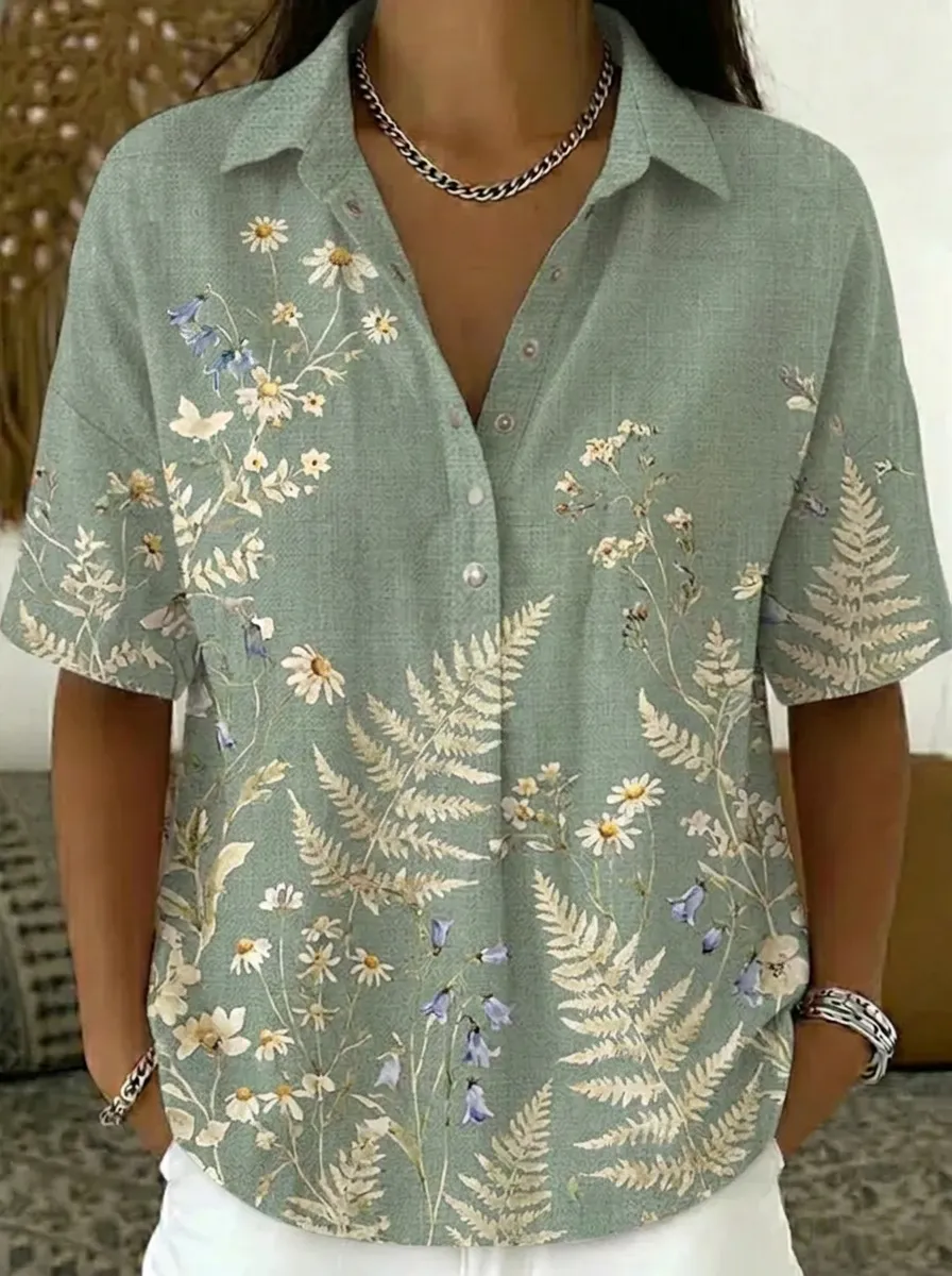 Women's Nashville Botanical Fern Daisy Printed Button-up Shirt