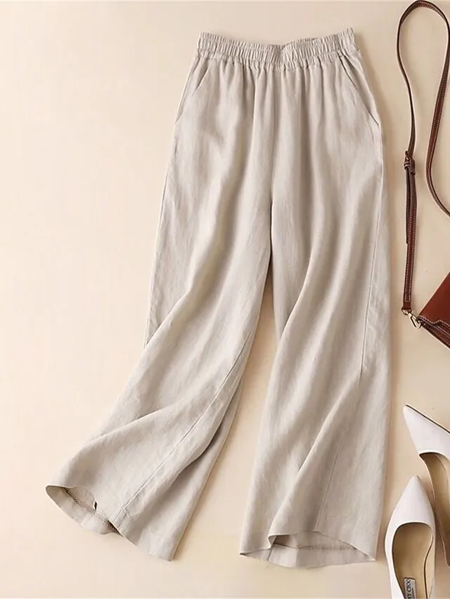 Women's Wide Leg Pants Casual Maillard Chinos Baggy Ankle-Length Cotton And Linen Pocket Micro-elastic High Waist Fashion Streetwear Daily Wear Black White M L Summer  Fall