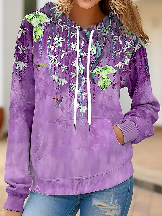 Women's Hoodie Sweatshirt Pullover Vintage Basic Front Pocket Yellow Red Blue Floral Street Casual Hoodie Long Sleeve Top Micro-elastic Fall & Winter