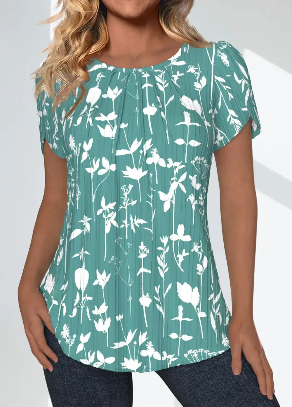 Green Tuck Stitch Floral Print Short Sleeve Blouse