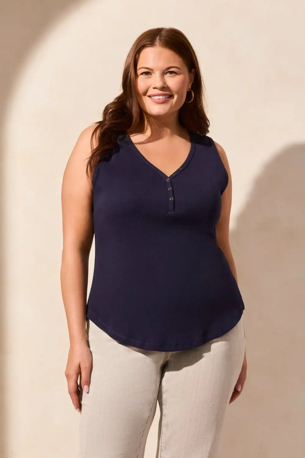 Solid Cotton Henley Tank Top-Nautical