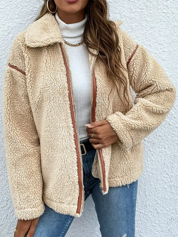 Plain Casual Fluff/Granular Fleece Fabric Teddy Jacket