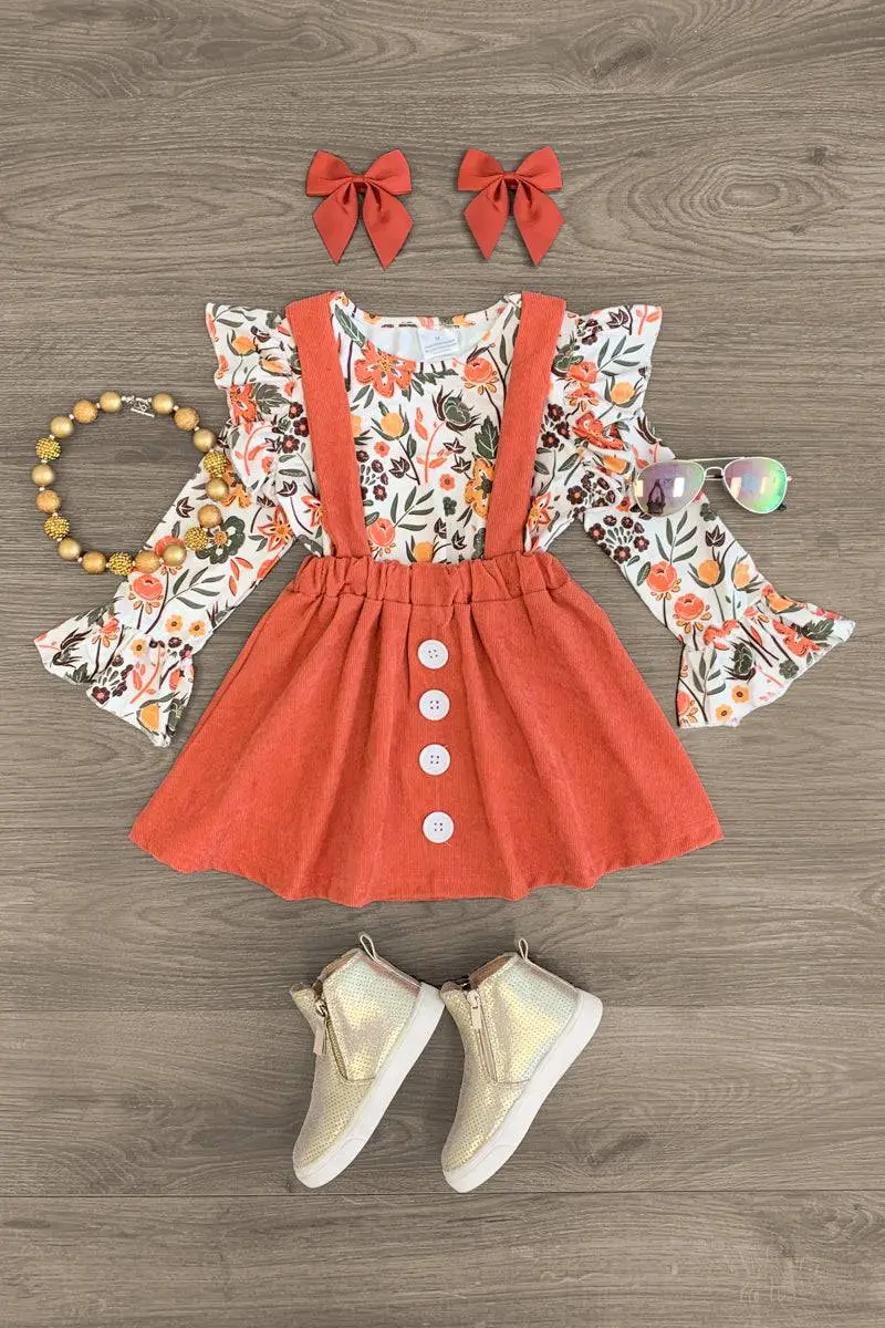 White Floral Corduroy Button Skirt Set