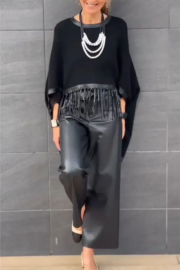 Women's Round Neck Fringe Top and Trousers Set