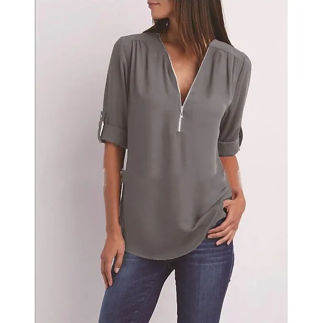 Women‘s Blouse Shirt Zipper Basic Plain Daily V Neck T-shirt Sleeve Regular Summer White Black Pink Grey Dark Blue