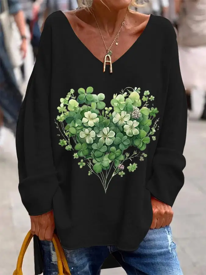Women's St. Patrick's Day Lucky Shamrock Printed Casual V-Neck Top