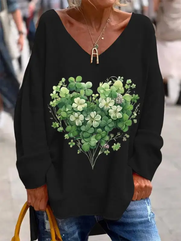 Women's St. Patrick's Day Lucky Shamrock Printed Casual V-Neck Top