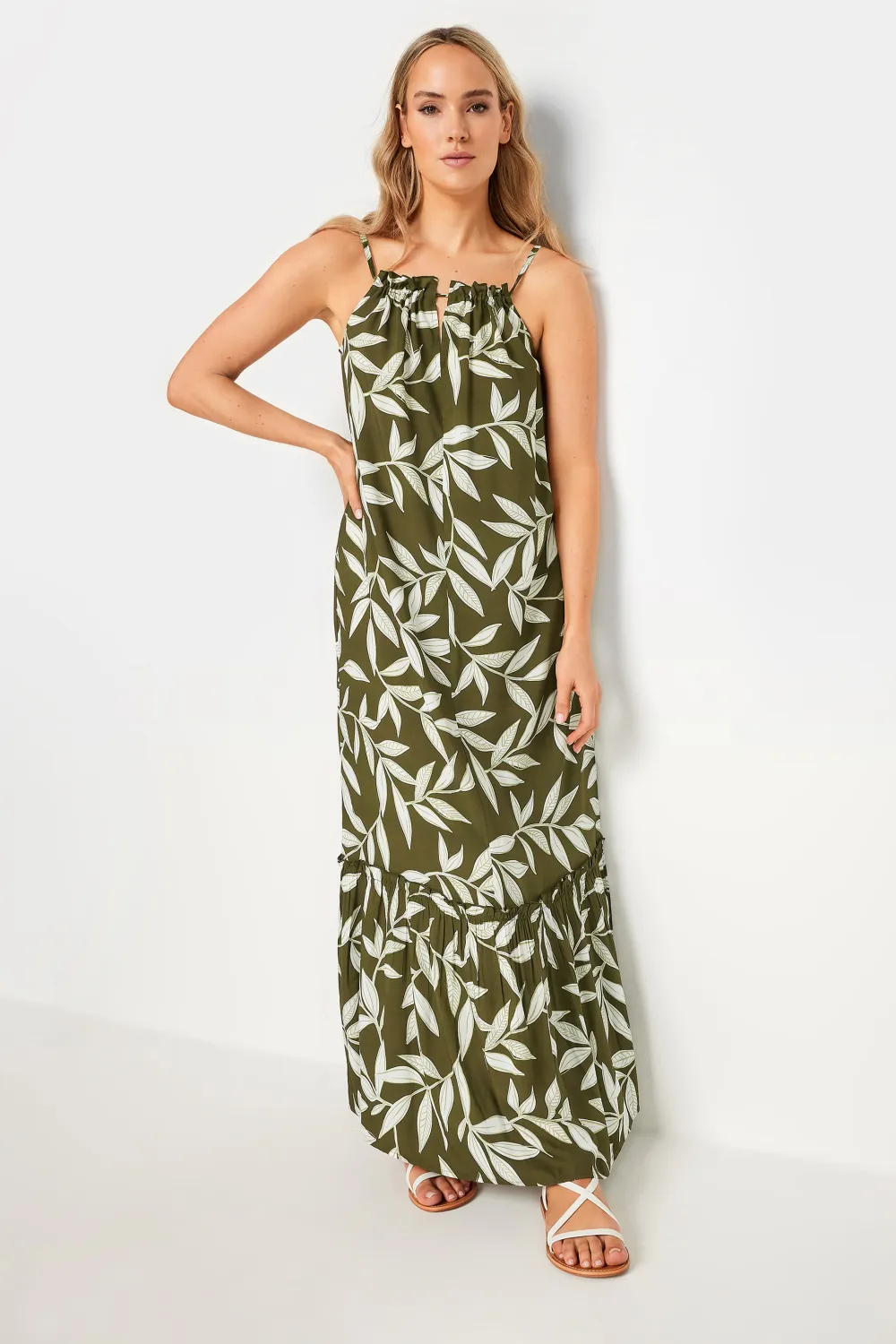 LTS Tall Olive Green Leaf Print Ruched Neck Maxi Dress