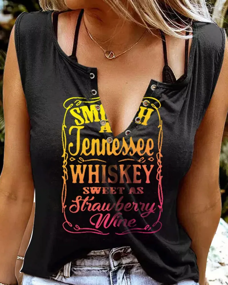 Smooth As Tennessee Whiskey Sweet As Strawberry Wine Print Eyelet Decor Casual Tank Top