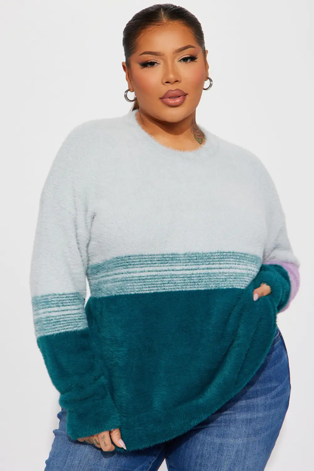 Braelyn Fuzzy Sweater - Teal/combo