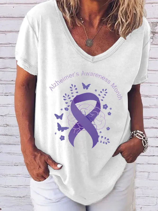 Women'S V-Neck Short-Sleeved T-Shirt Alzheimer'S Awareness Month Prints