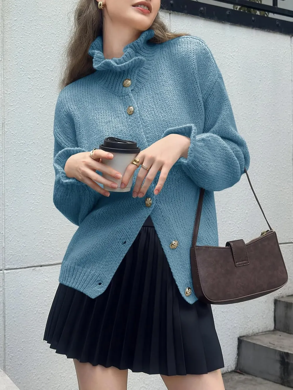 🎄Hot Sale Ruffle Cardigan Oversized Button Up Ribbed Knit Open Front Long Sleeve Loose Sweater