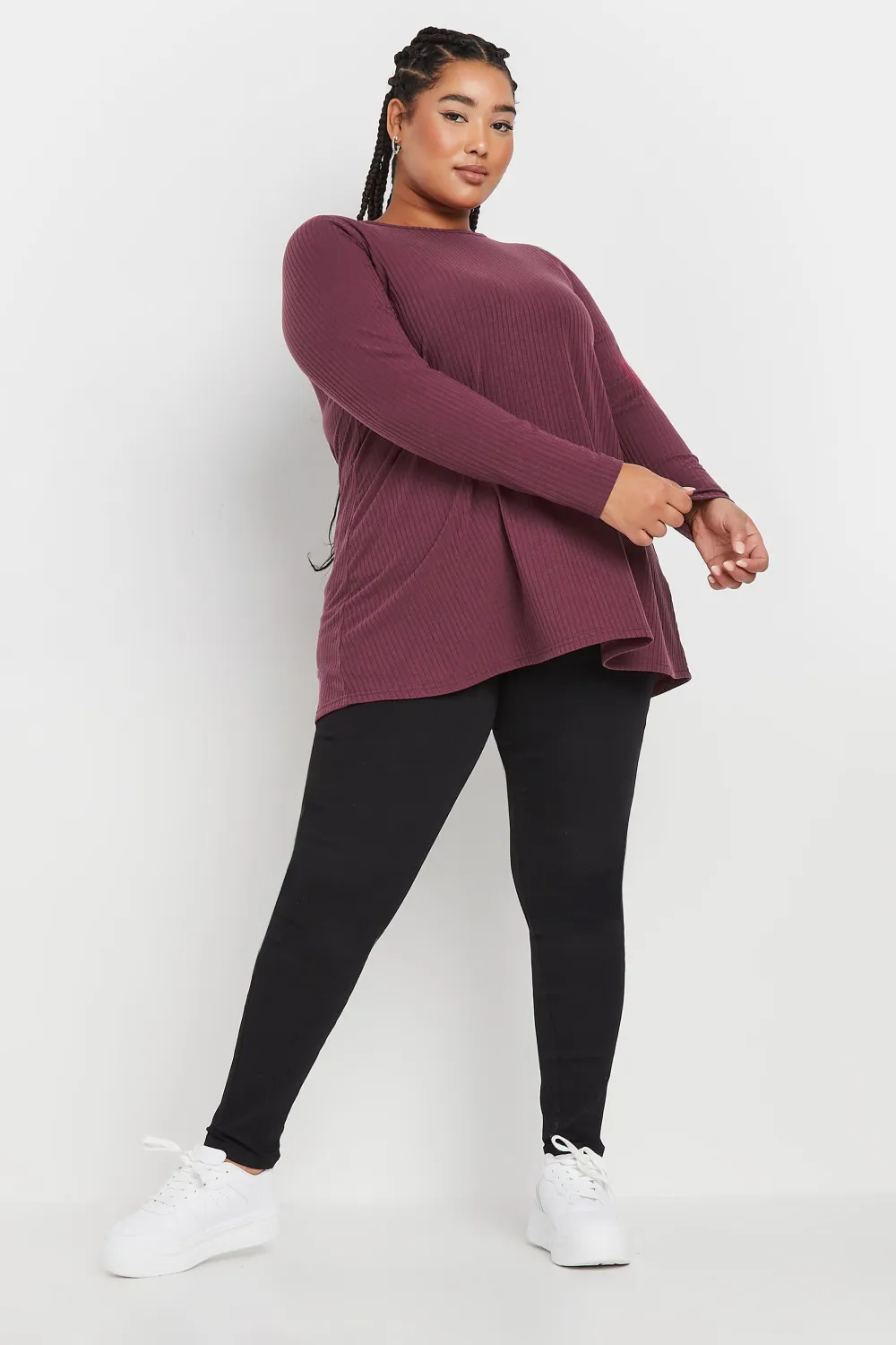YOURS Curve Black Long Sleeve Ribbed Swing Top